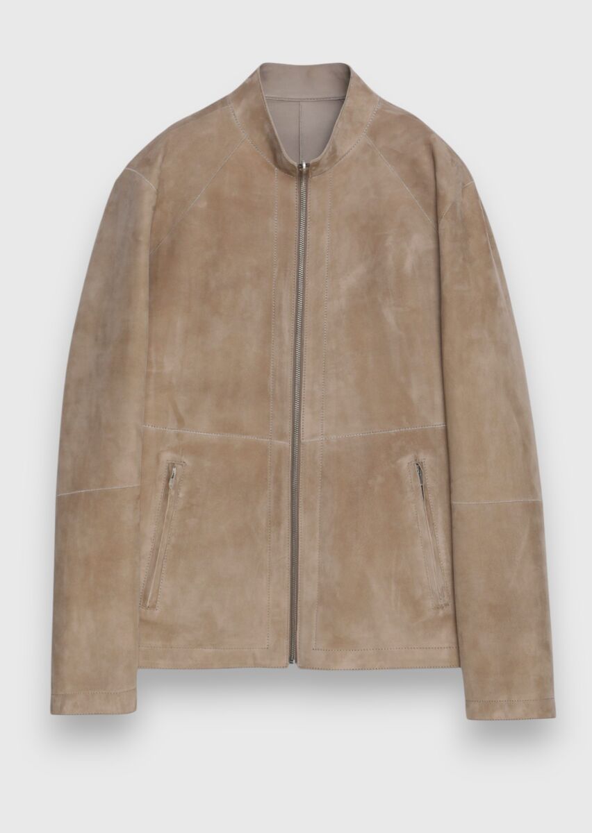 Beige Regular Fit Turtleneck Casual Suede Double-Sided Leather Coat - 8