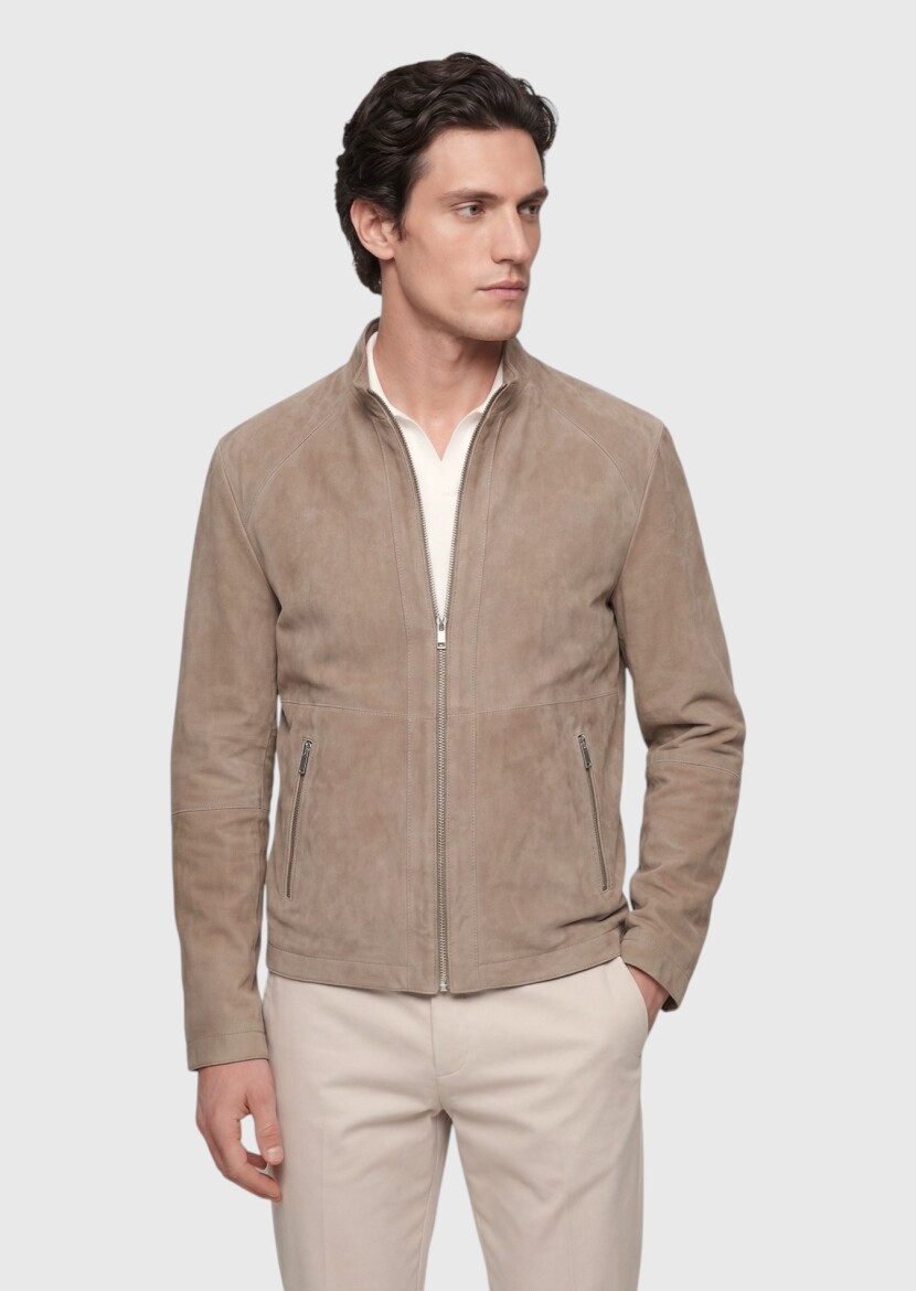 Beige Regular Fit Turtleneck Casual Suede Double-Sided Leather Coat - RAMSEY