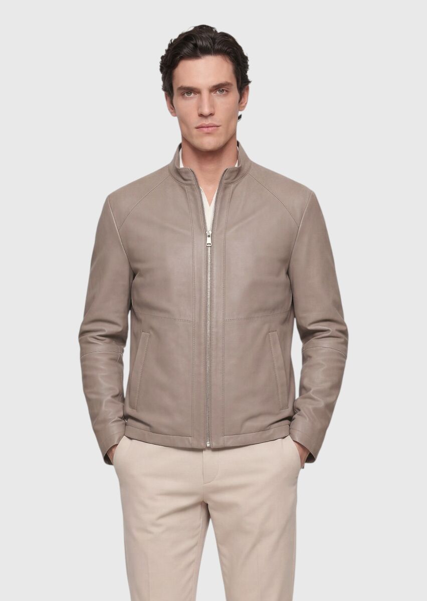 Beige Regular Fit Turtleneck Casual Suede Double-Sided Leather Coat - 2