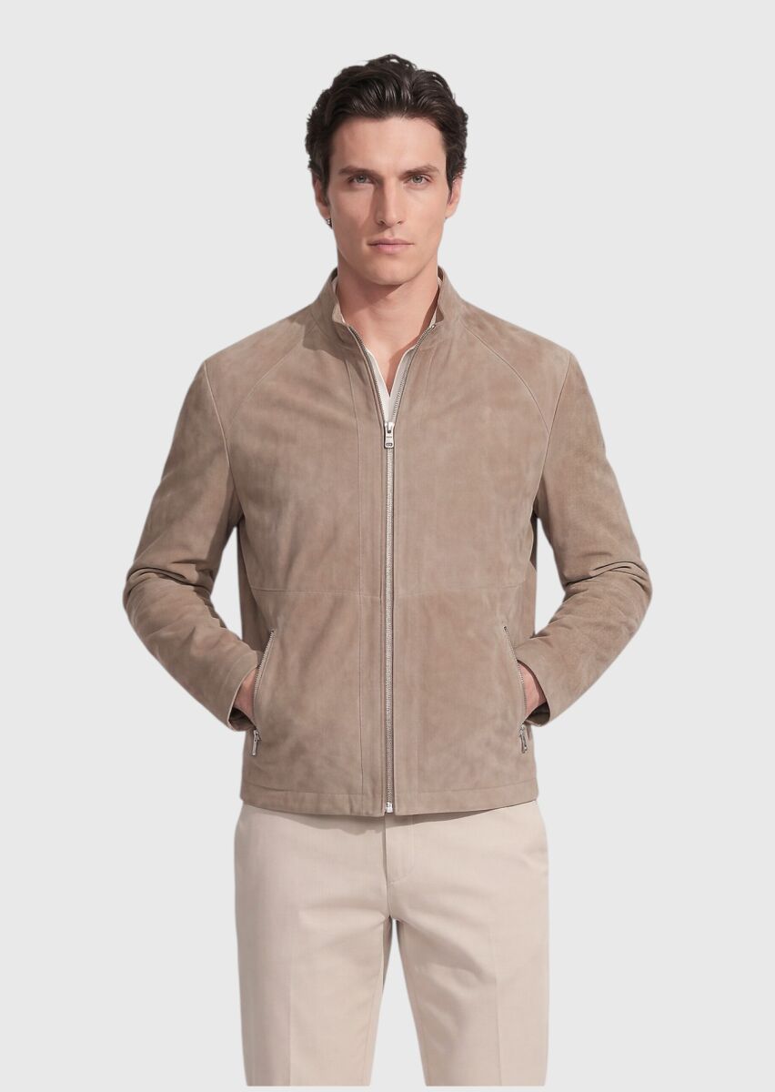 Beige Regular Fit Turtleneck Casual Suede Double-Sided Leather Coat - 3