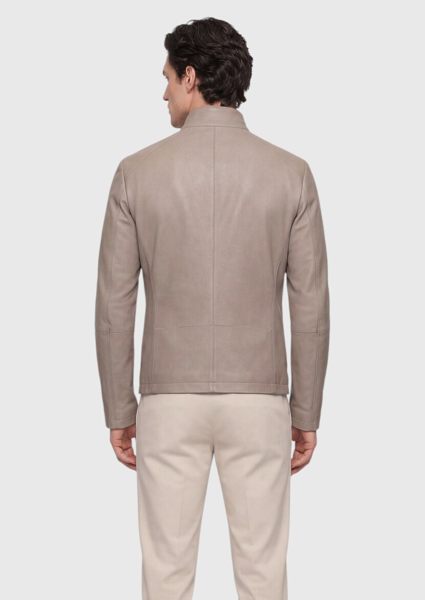 Beige Regular Fit Turtleneck Casual Suede Double-Sided Leather Coat - 6