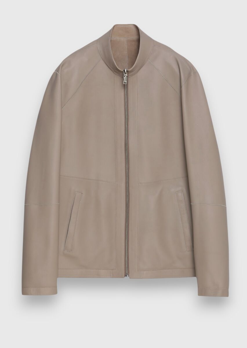 Beige Regular Fit Turtleneck Casual Suede Double-Sided Leather Coat - 7