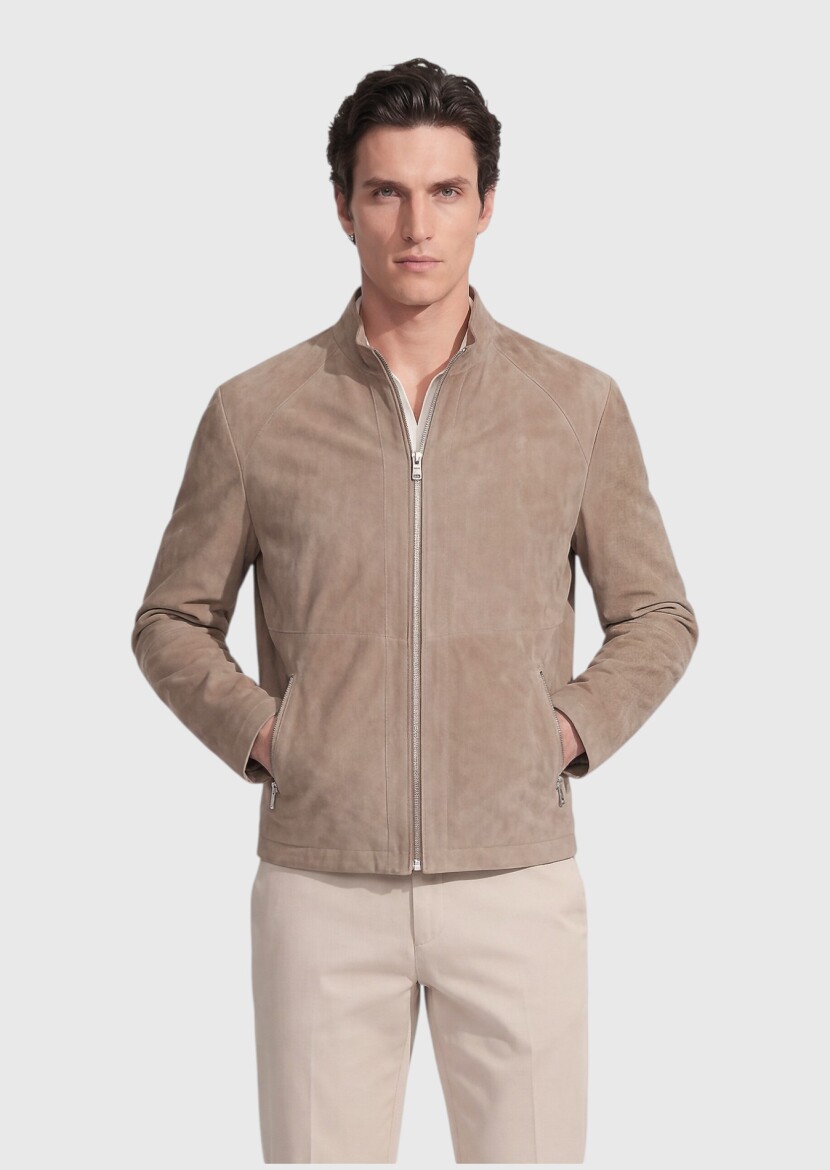 Beige Regular Fit Turtleneck Casual Suede Leather Coat - 3