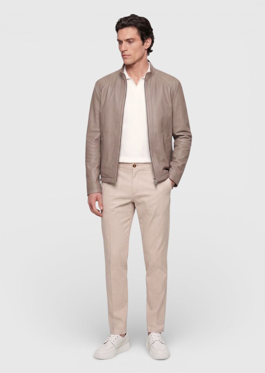 Beige Regular Fit Turtleneck Casual Suede Leather Coat - 4