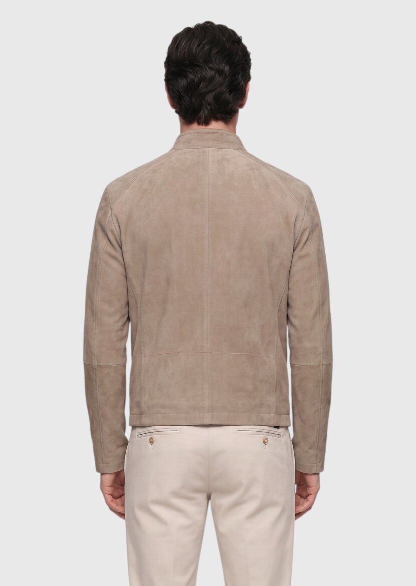 Beige Regular Fit Turtleneck Casual Suede Leather Coat - 5