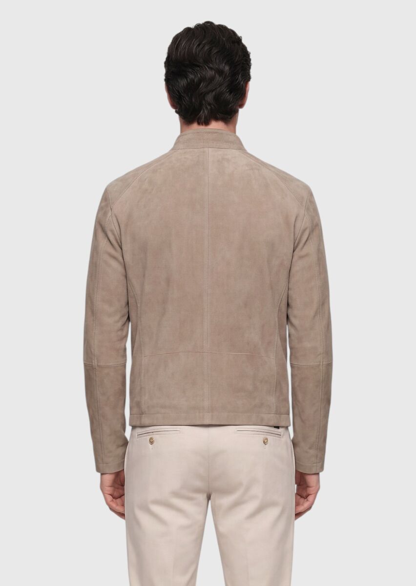 Beige Regular Fit Turtleneck Casual Suede Leather Coat - 5