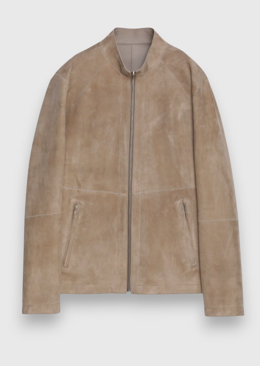 Beige Regular Fit Turtleneck Casual Suede Leather Coat - 8