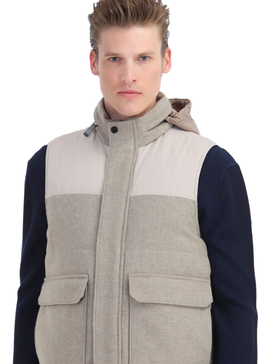 Beige Regular Fit Turtleneck Casual Weaving Puffer Vest - 4