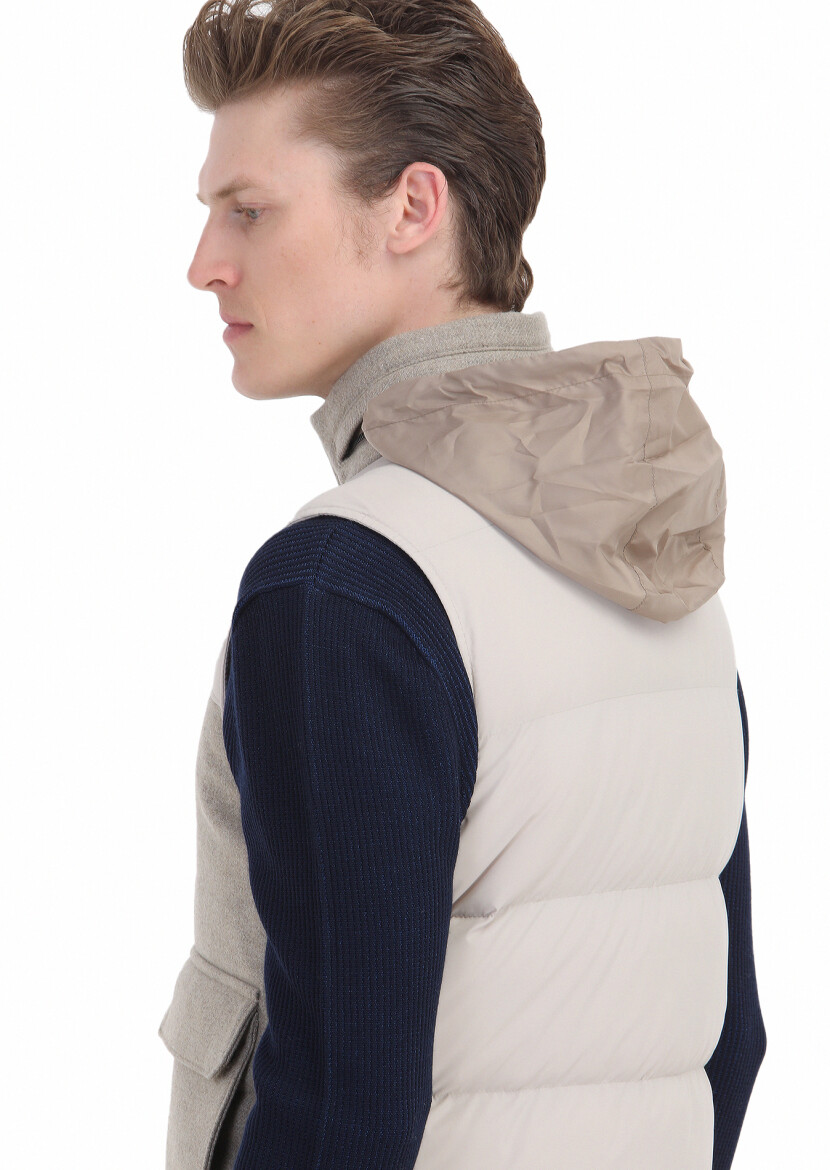 Beige Regular Fit Turtleneck Casual Weaving Puffer Vest - 5