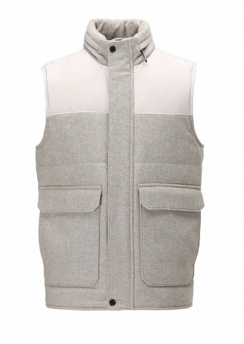 Beige Regular Fit Turtleneck Casual Weaving Puffer Vest - 7