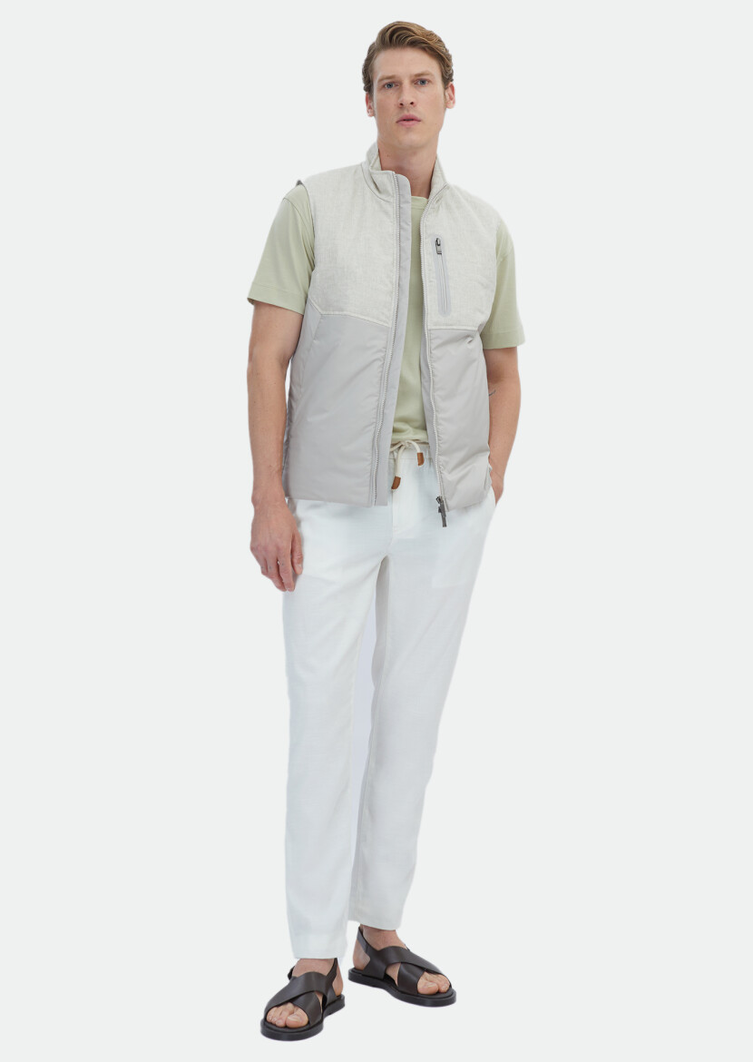 Beige Regular Fit Turtleneck Casual Weaving Puffer Vest 