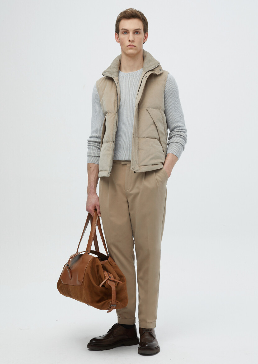 Beige Regular Fit Turtleneck Casual Weaving Puffer Vest - 2