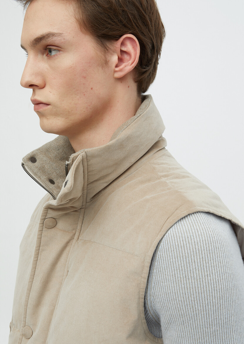 Beige Regular Fit Turtleneck Casual Weaving Puffer Vest - 4