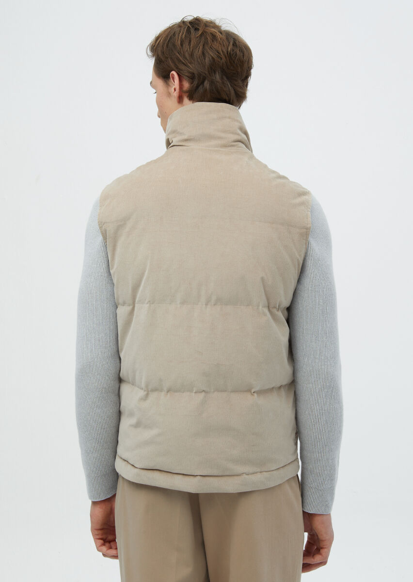 Beige Regular Fit Turtleneck Casual Weaving Puffer Vest - 6