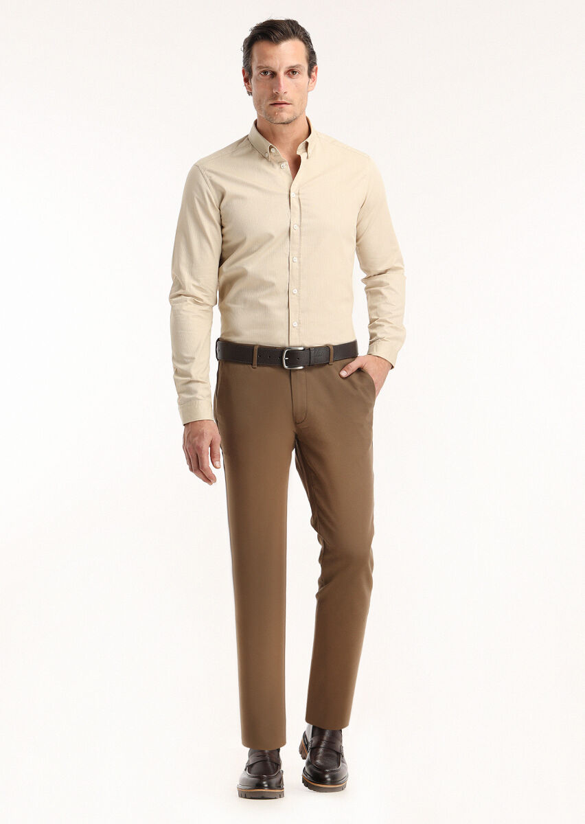 Beige Ribbed Regular Fit Long Weaving Casual 100% Cotton Shirt - 1