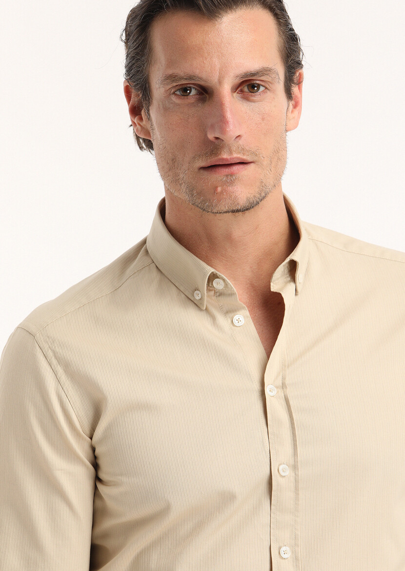 Beige Ribbed Regular Fit Long Weaving Casual 100% Cotton Shirt - 2