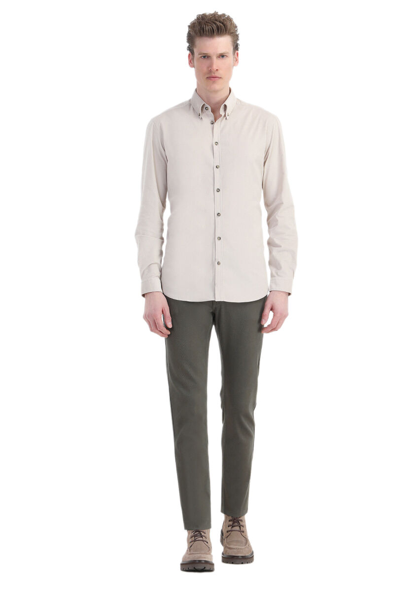 Beige Ribbed Regular Fit Long Weaving Casual 100% Cotton Shirt - 2