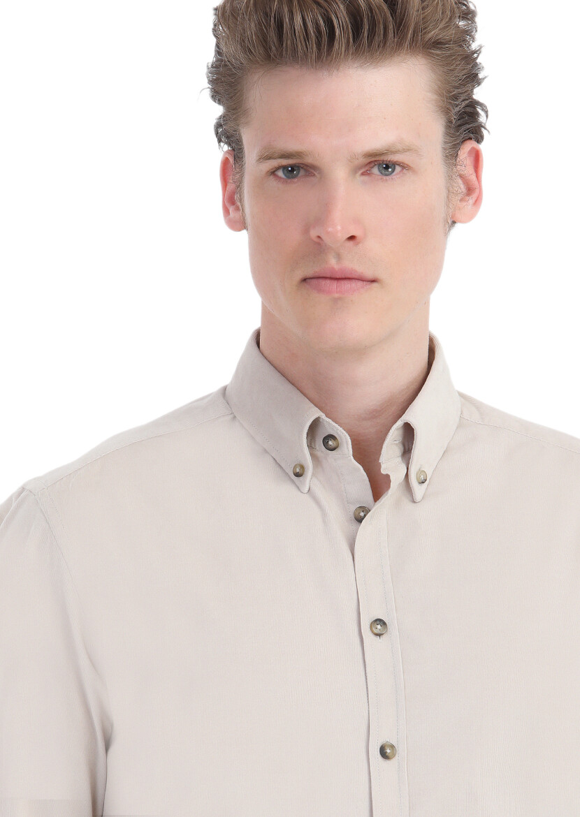 Beige Ribbed Regular Fit Long Weaving Casual 100% Cotton Shirt - 3