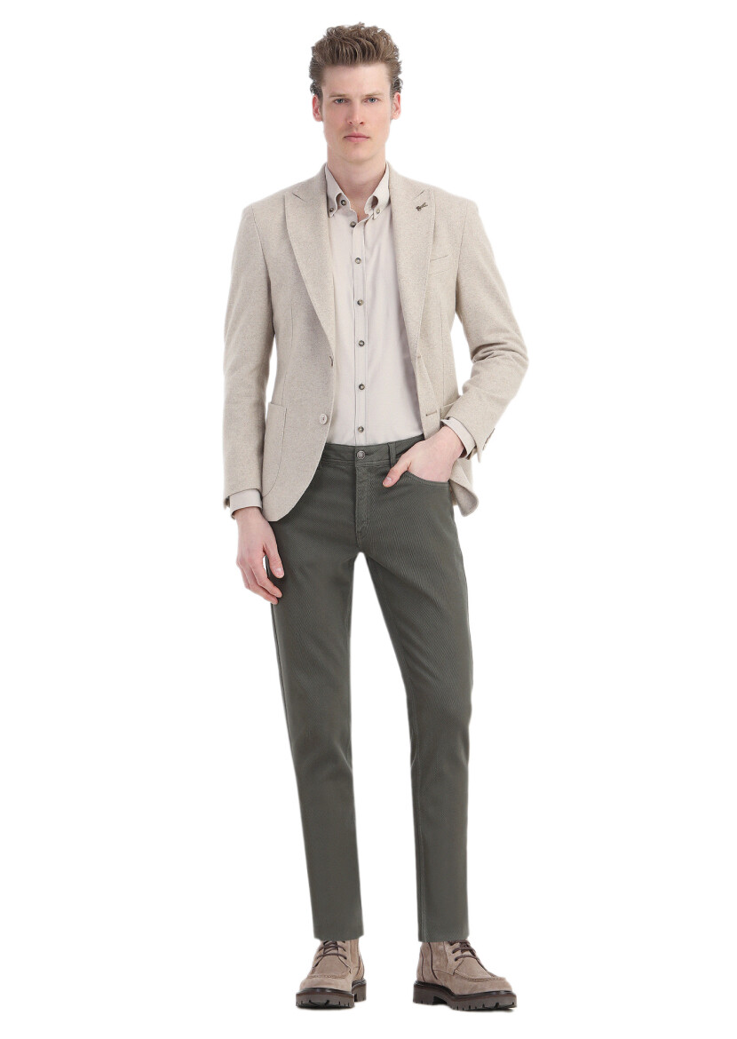 Beige Ribbed Regular Fit Long Weaving Casual 100% Cotton Shirt - 5