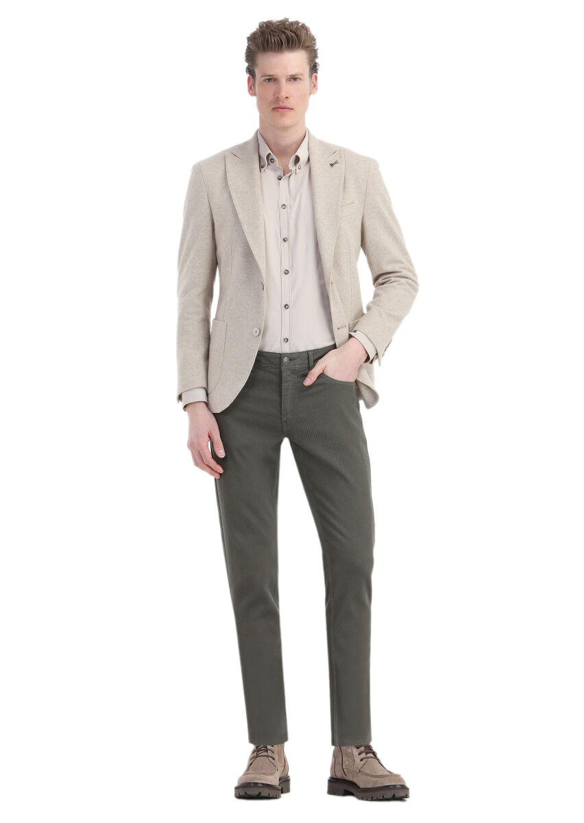 Beige Ribbed Regular Fit Long Weaving Casual 100% Cotton Shirt - 5