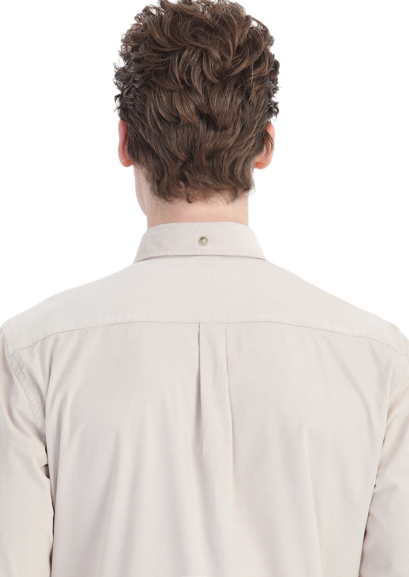 Beige Ribbed Regular Fit Long Weaving Casual 100% Cotton Shirt - 6