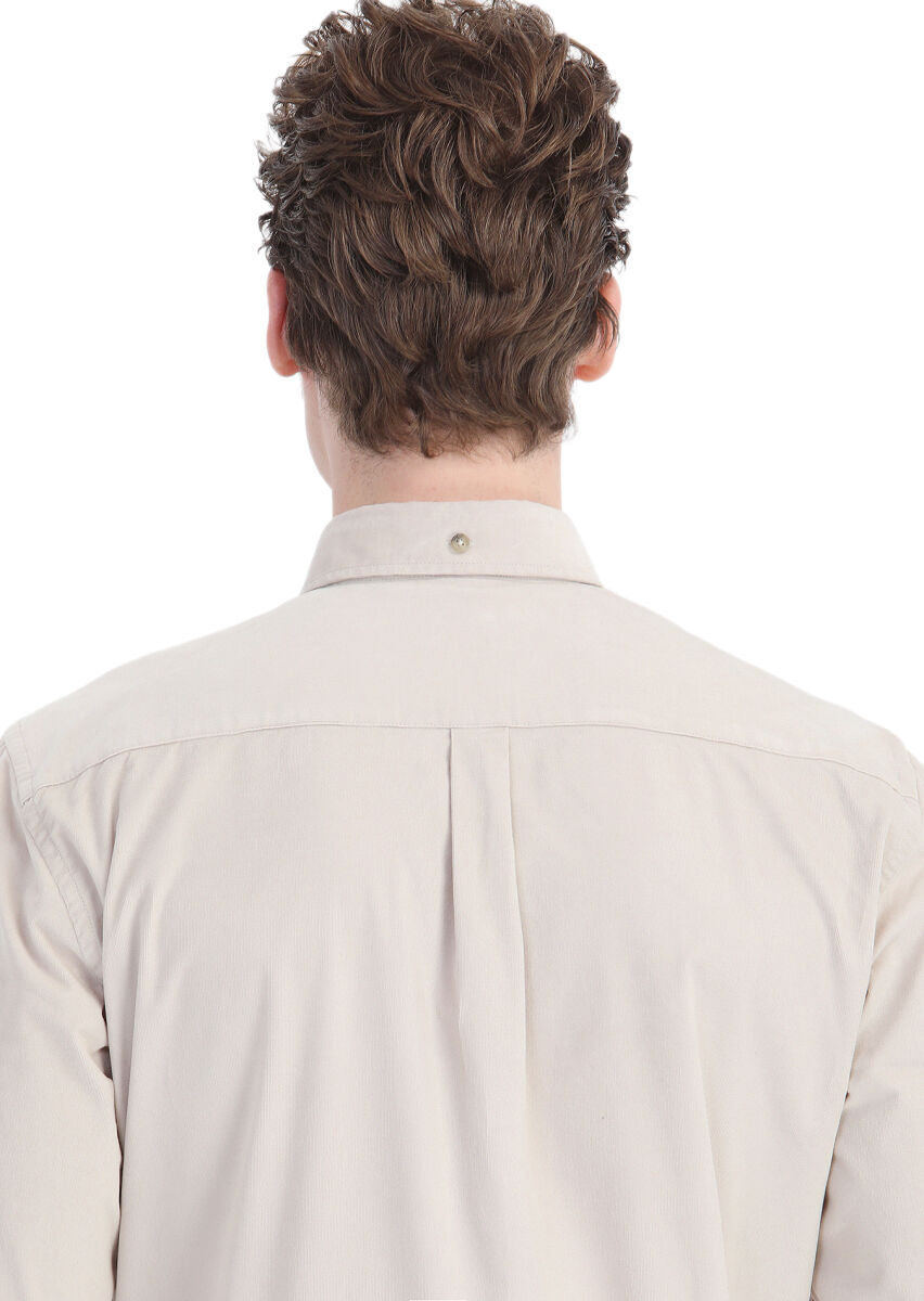 Beige Ribbed Regular Fit Long Weaving Casual 100% Cotton Shirt - 6