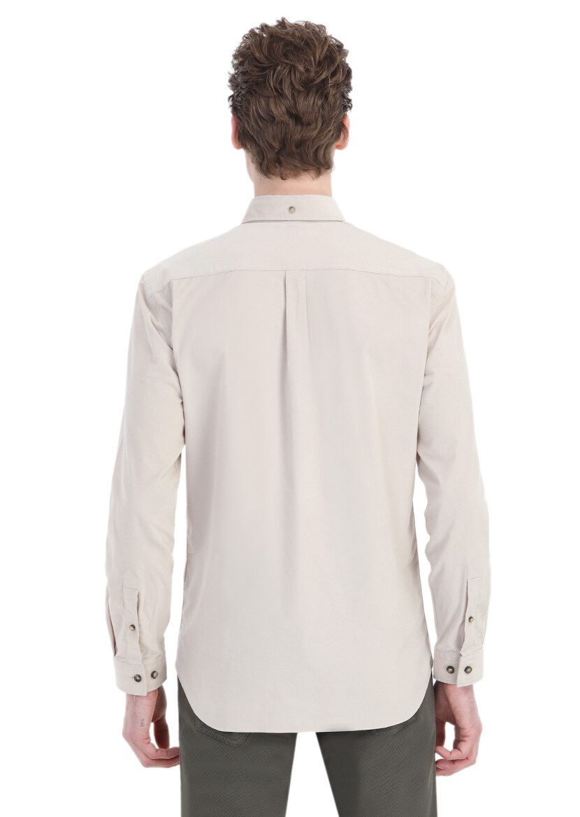 Beige Ribbed Regular Fit Long Weaving Casual 100% Cotton Shirt - 7