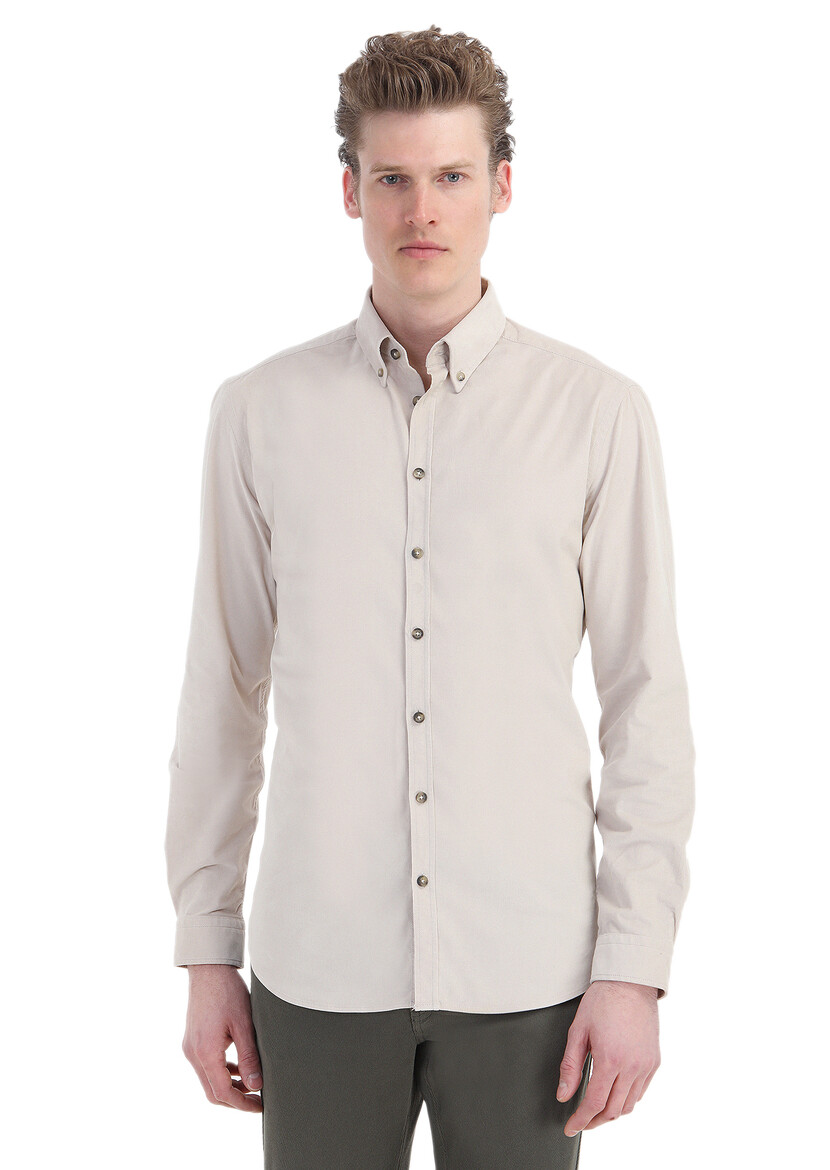 Beige Ribbed Regular Fit Weaving Casual 100% Cotton Shirt 