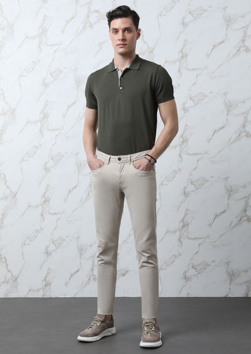 Beige Slim Fit Denim Cotton Blended Trousers - 4