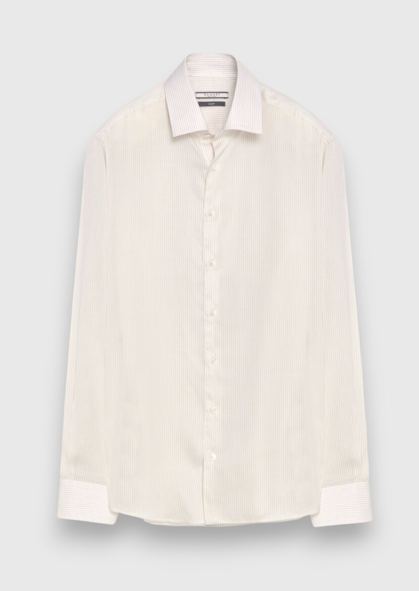 Beige Striped Casual Fit Long Weaving Casual Cotton Blended Shirt - 5