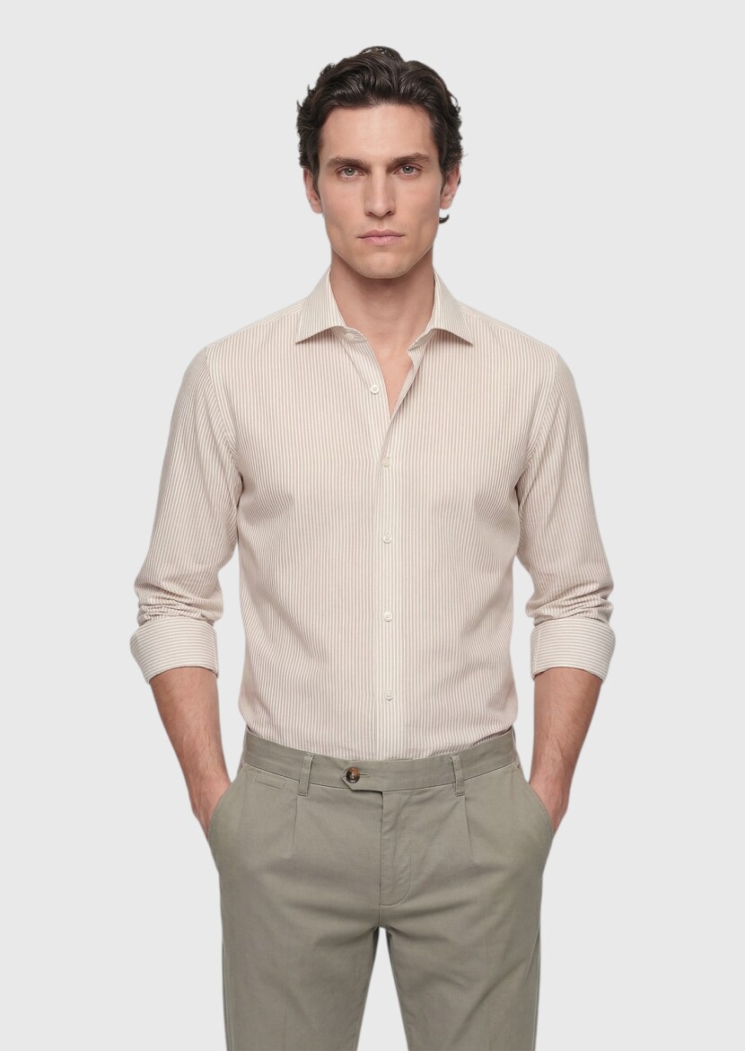 Beige Striped Casual Fit Long Weaving Casual Cotton Blended Shirt - RAMSEY