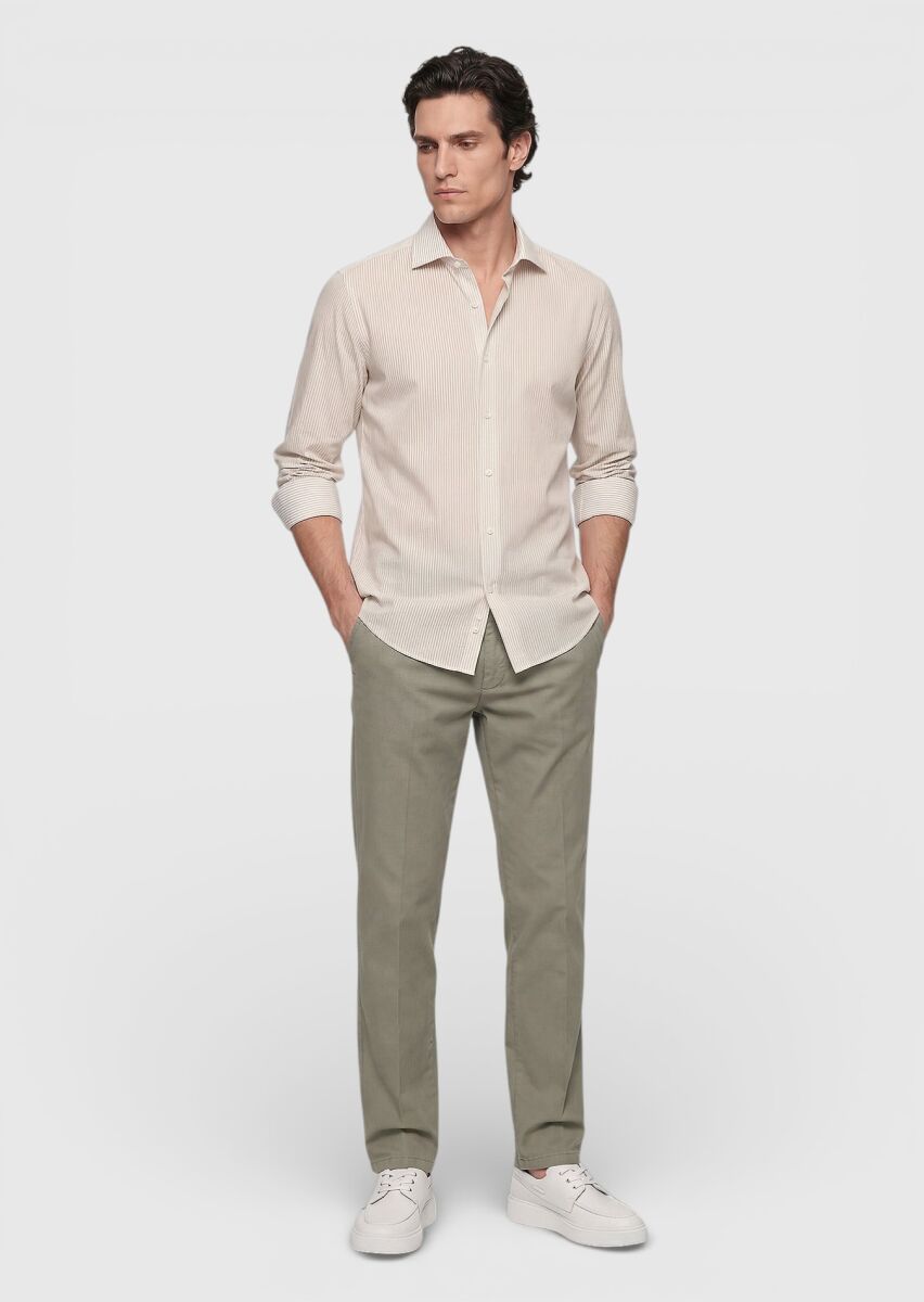 Beige Striped Casual Fit Long Weaving Casual Cotton Blended Shirt - 2