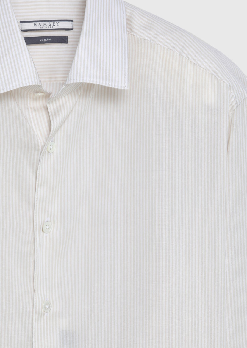 Beige Striped Casual Fit Long Weaving Casual Cotton Blended Shirt - 6