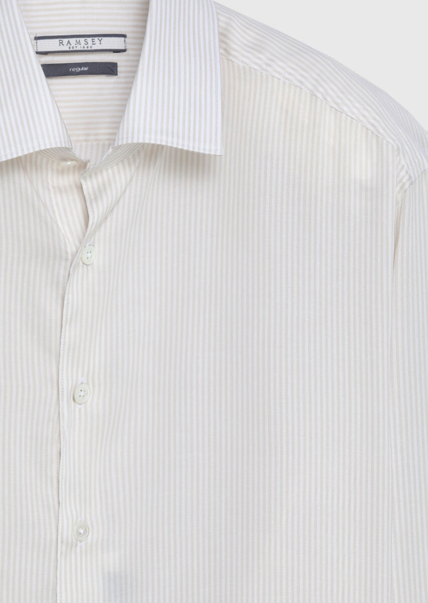 Beige Striped Casual Fit Long Weaving Casual Cotton Blended Shirt - 6