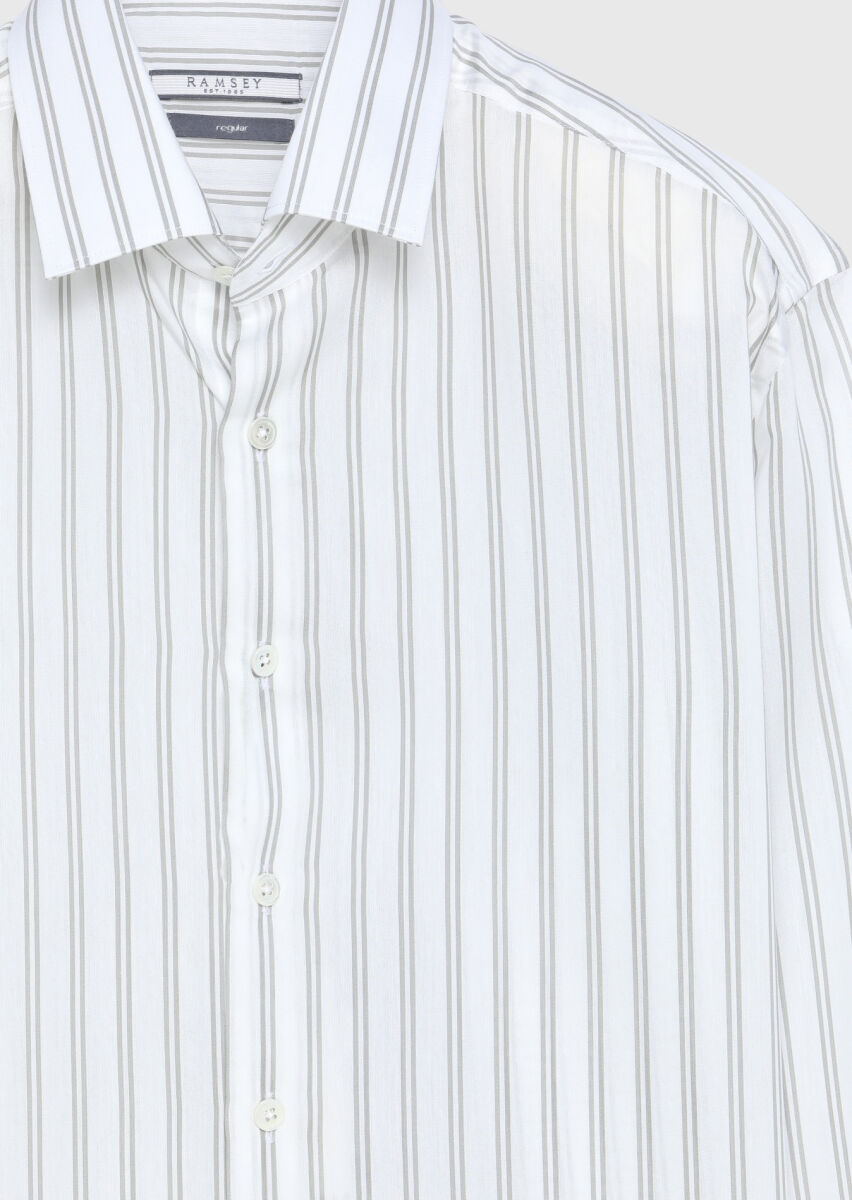 Beige Striped Casual Fit Long Weaving Casual Cotton Blended Shirt - 7