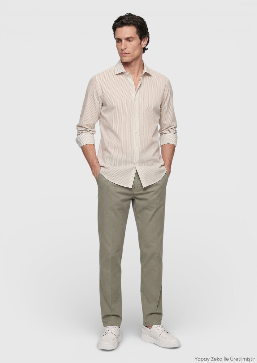 Beige Striped Casual Fit Long Weaving Casual Cotton Blended Shirt - RAMSEY
