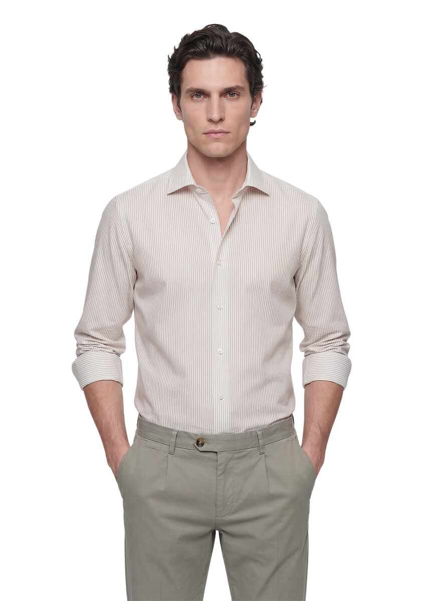 Beige Striped Casual Fit Weaving Casual Cotton Blended Shirt - 1