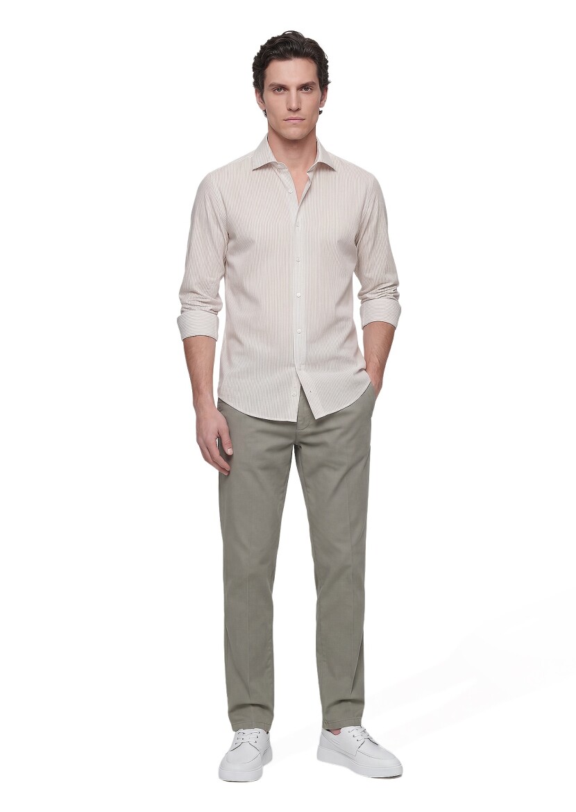 Beige Striped Casual Fit Weaving Casual Cotton Blended Shirt - 3