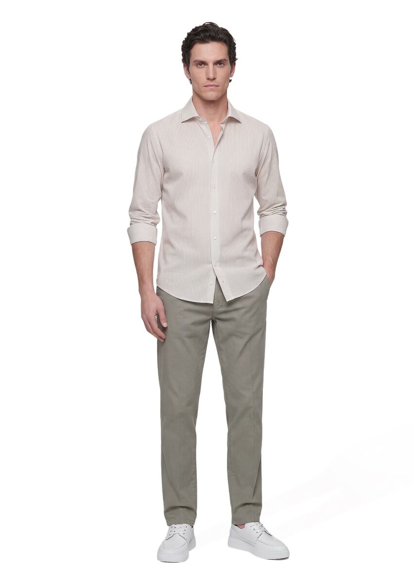 Beige Striped Casual Fit Weaving Casual Cotton Blended Shirt - 3