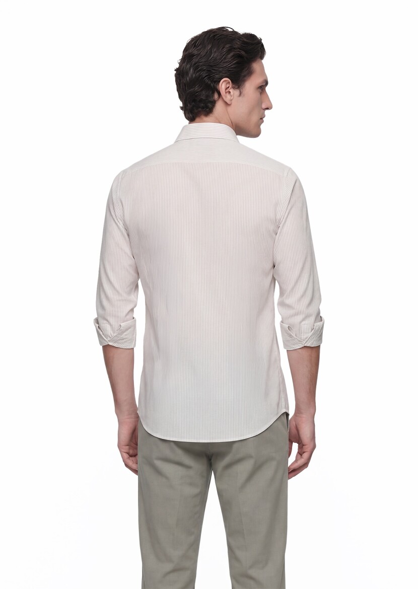 Beige Striped Casual Fit Weaving Casual Cotton Blended Shirt - 4