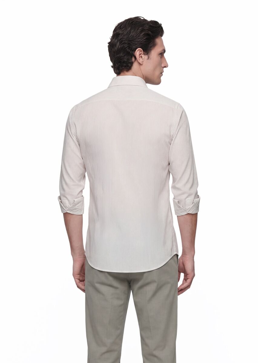 Beige Striped Casual Fit Weaving Casual Cotton Blended Shirt - 4
