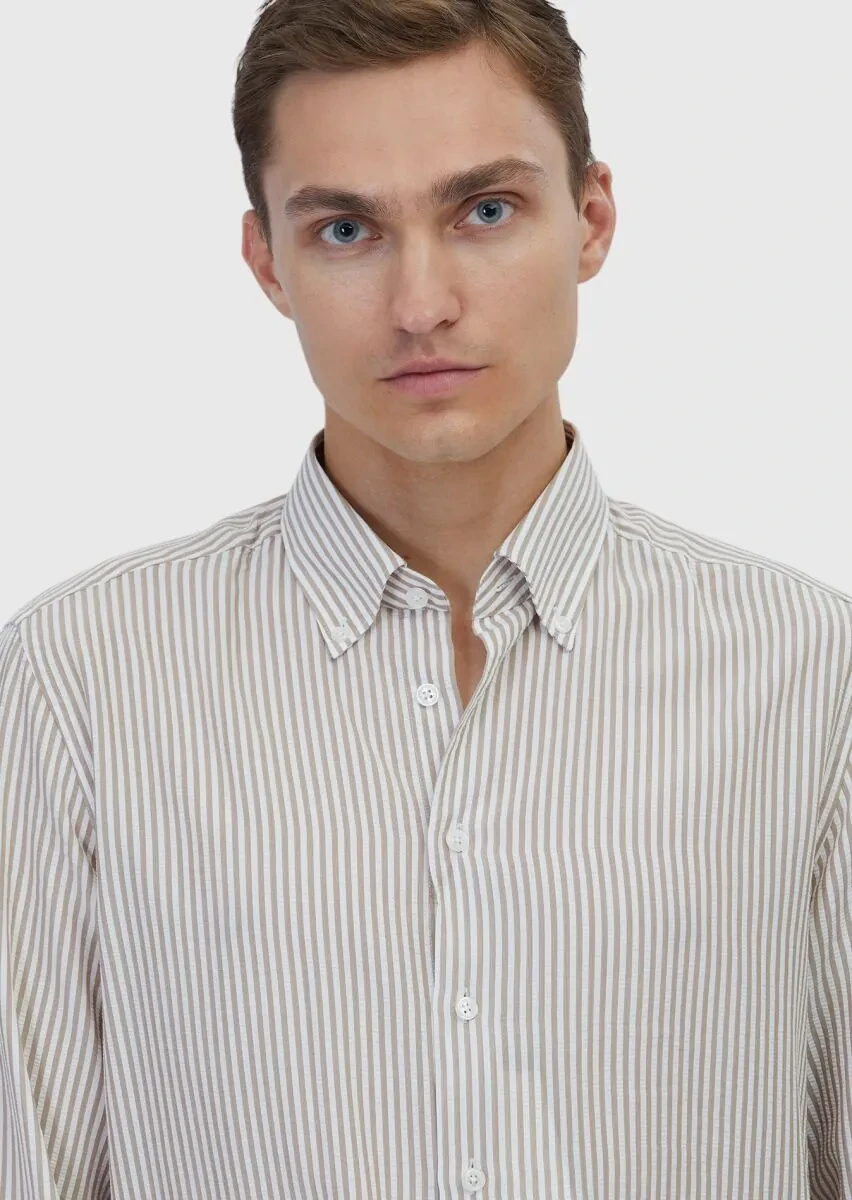 Beige Striped Casual Fit Weaving Casual Shirt - 3