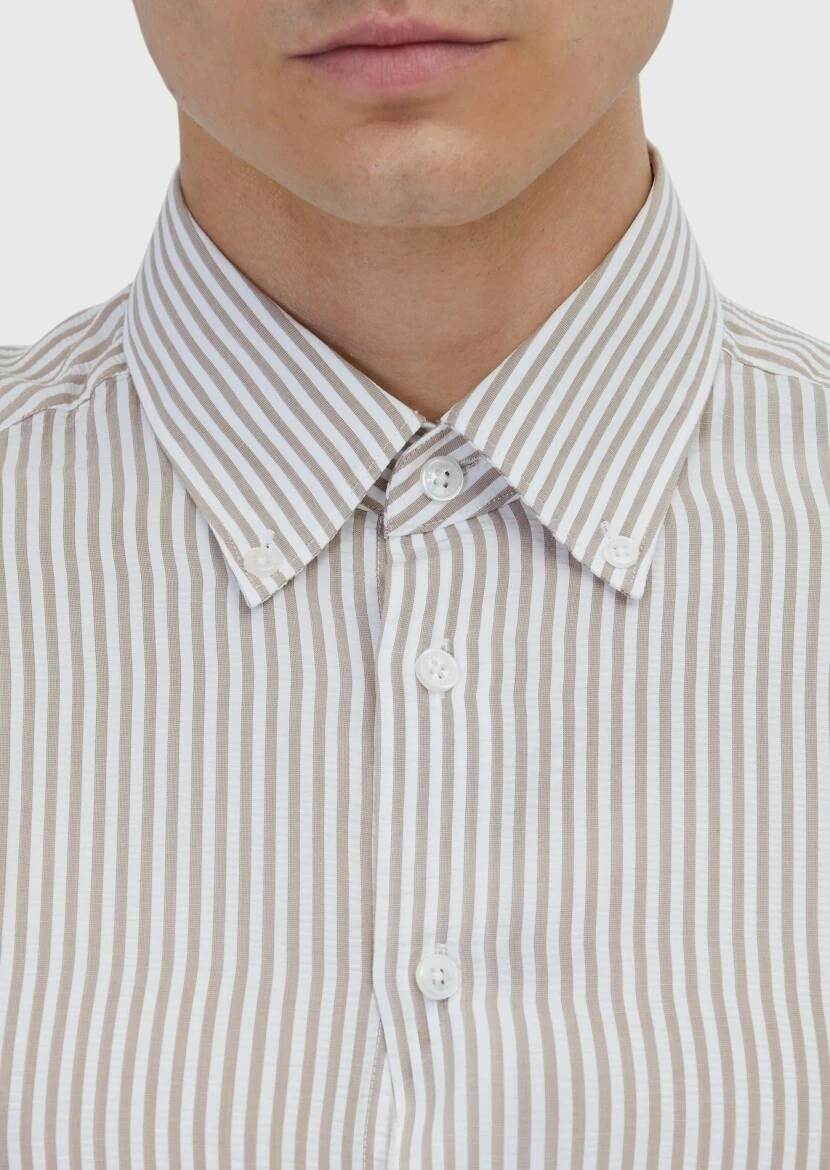 Beige Striped Casual Fit Weaving Casual Shirt - 4
