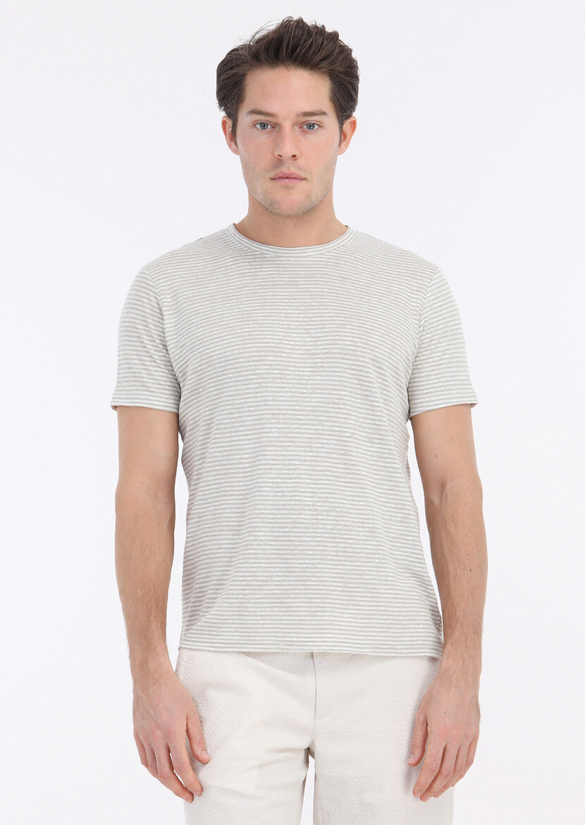 Beige Striped Crew Neck 100% Linen T-Shirt - 2