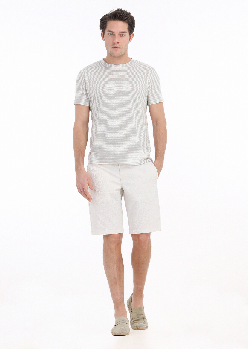 Beige Striped Crew Neck 100% Linen T-Shirt 