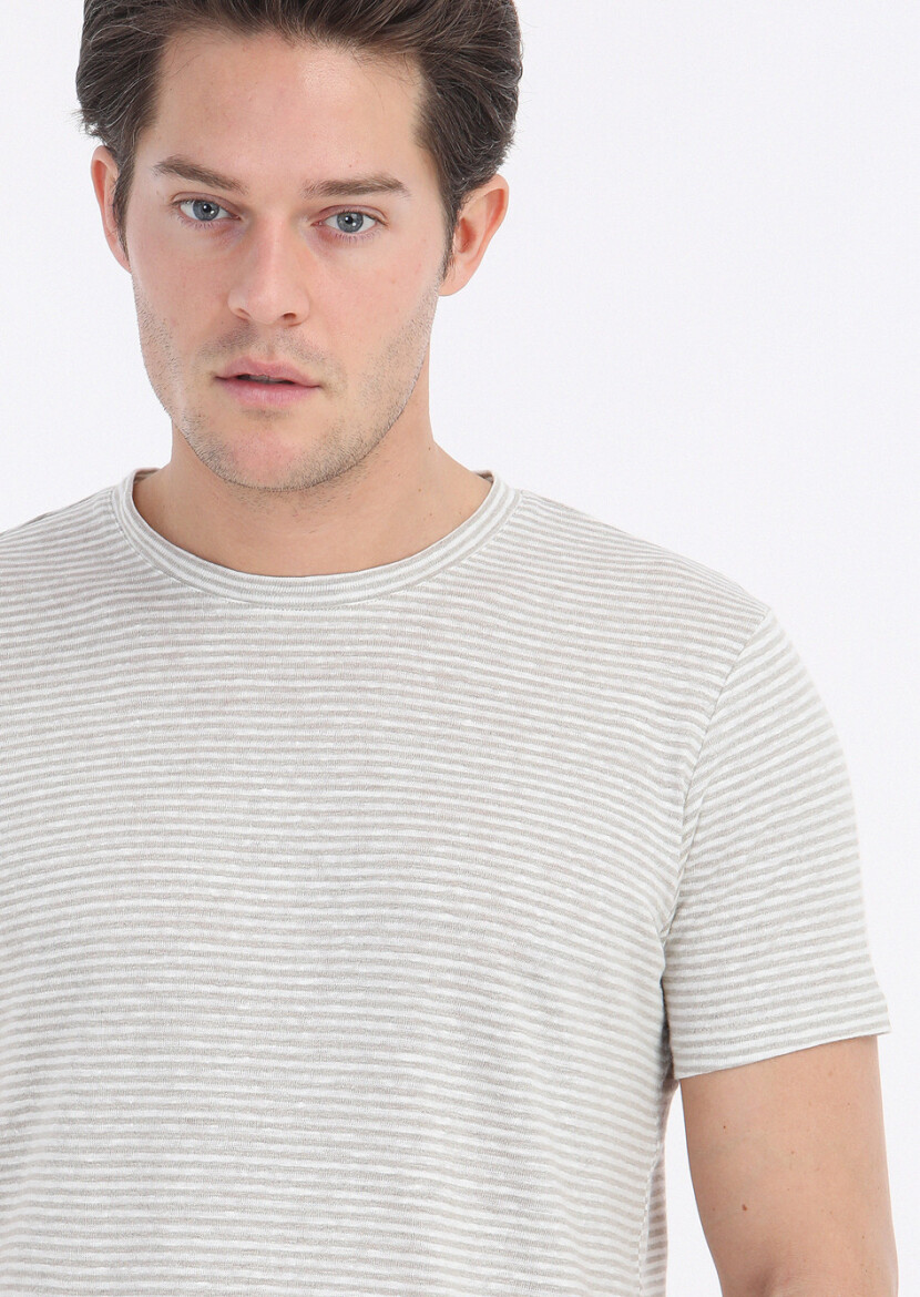 Beige Striped Crew Neck 100% Linen T-Shirt - 4