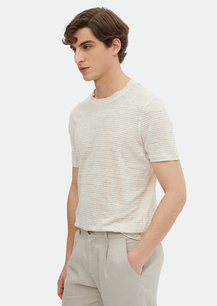 Beige Striped Crew Neck 100% Linen T-Shirt 