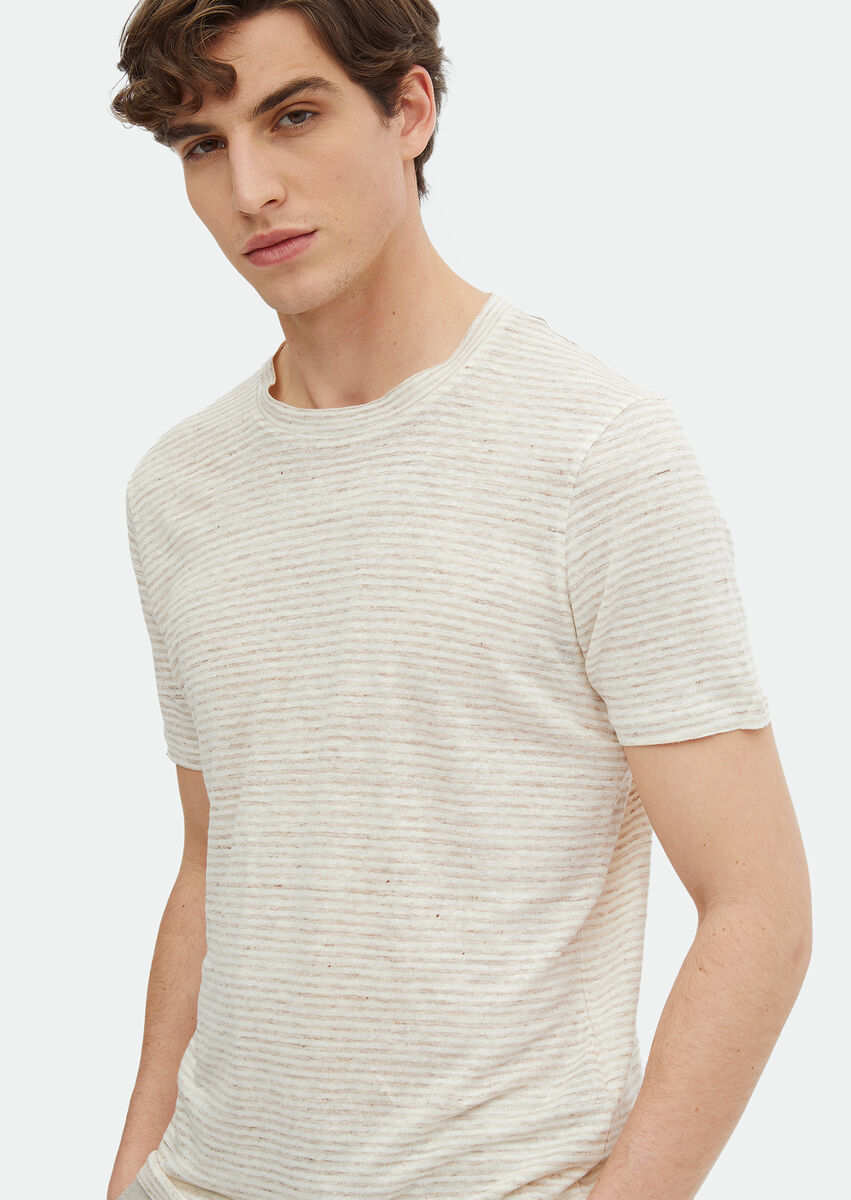 Beige Striped Crew Neck 100% Linen T-Shirt - 3