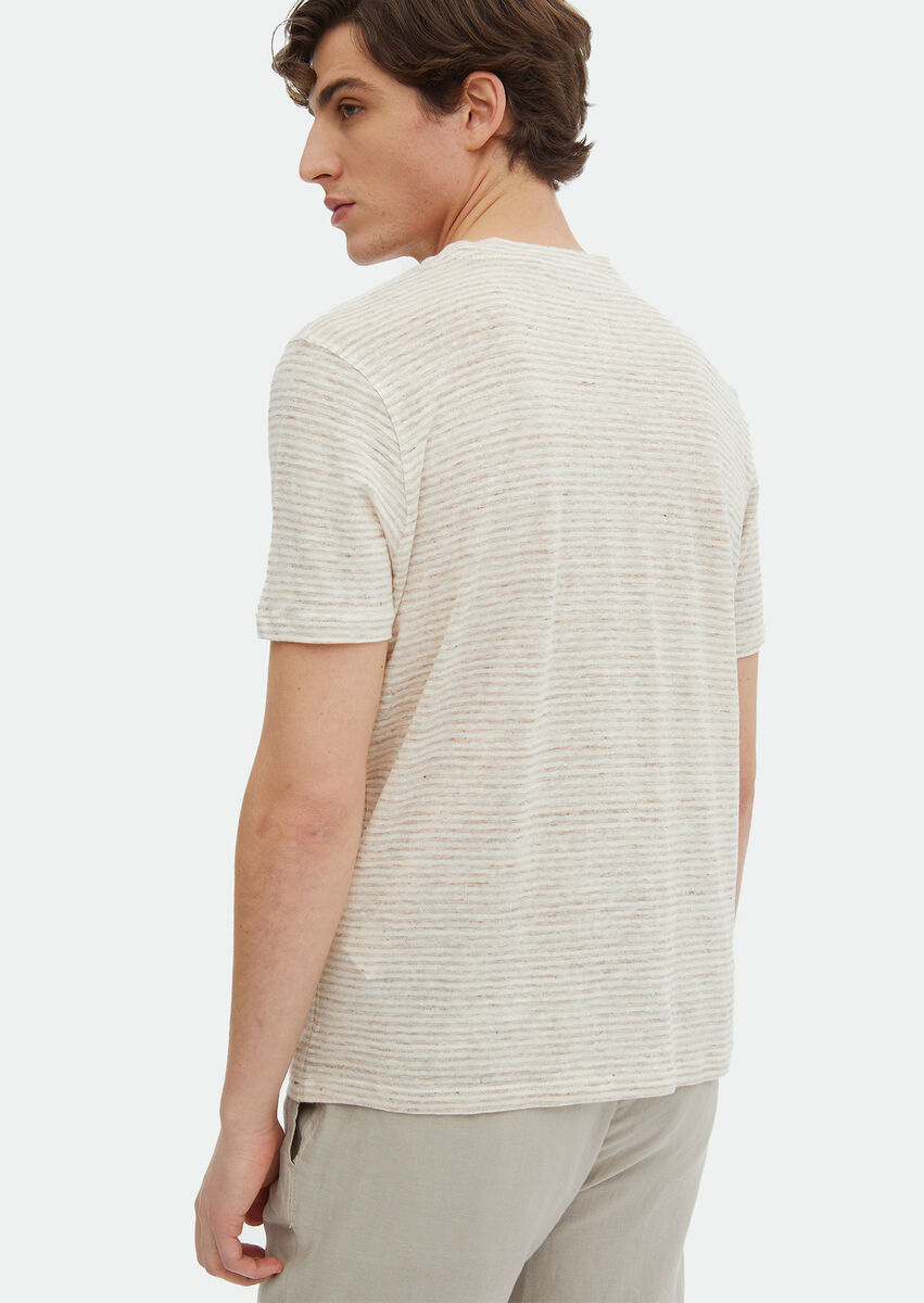 Beige Striped Crew Neck 100% Linen T-Shirt - 4