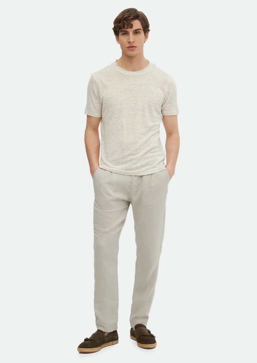 Beige Striped Crew Neck 100% Linen T-Shirt 